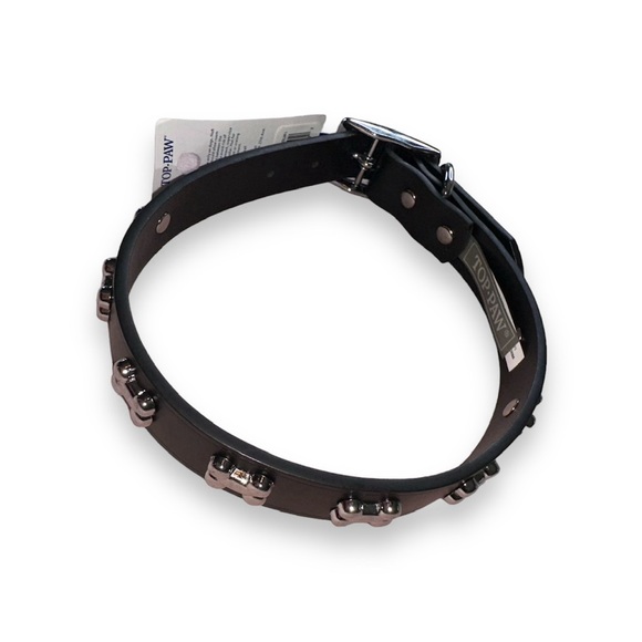 BLACK LEATHER BONE STUDDED DOG COLLAR · SIZE L · TOP PAW · NWT - Picture 3 of 6